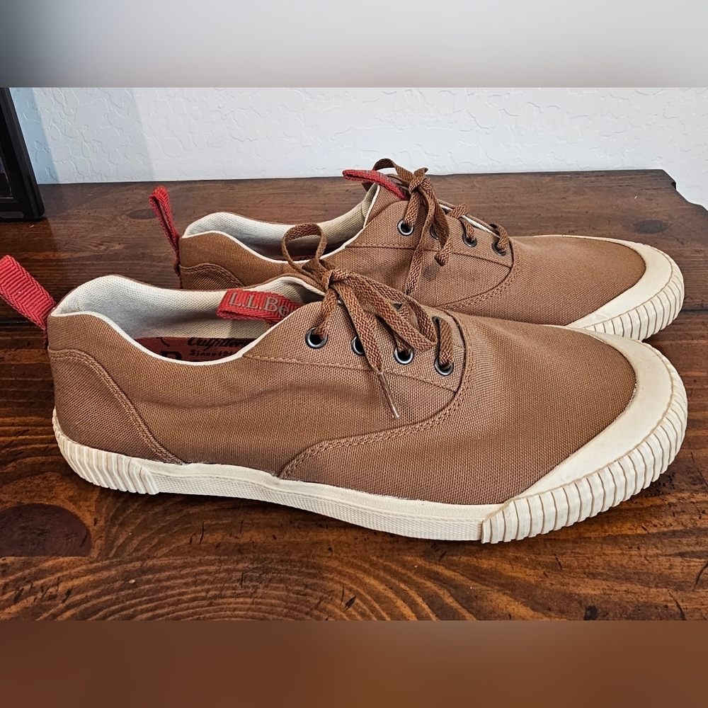 L.L. Bean Men's Tan/Brown Canvas Sneaker Shoes W/Red Accents Sz 11 NWOB